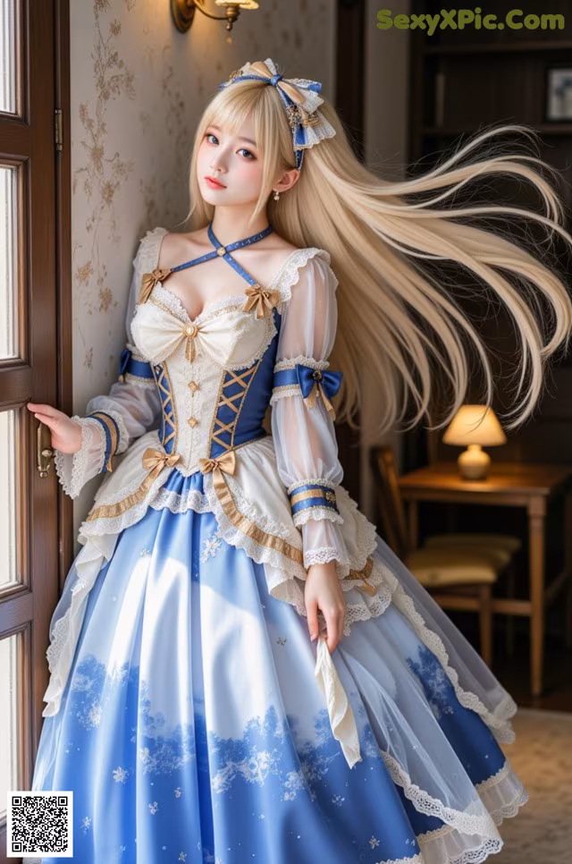 A woman in a blue and white dress standing by a door.