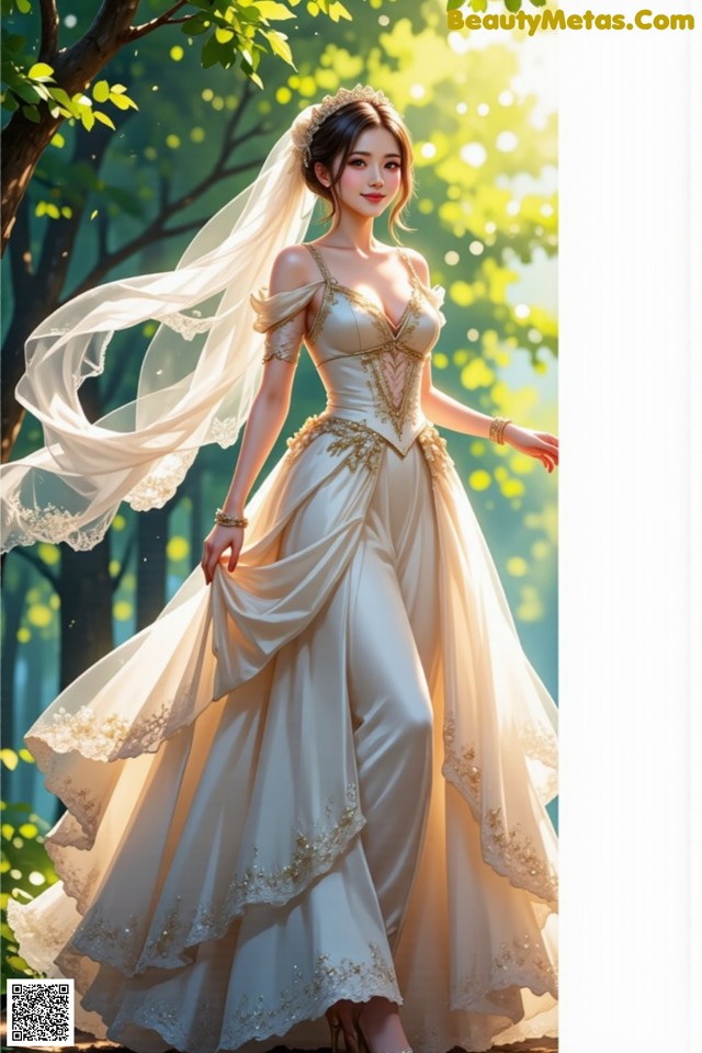 A woman in a wedding dress standing in the woods.