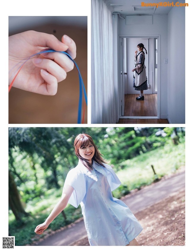 A collage of photos of a woman in a blue dress.