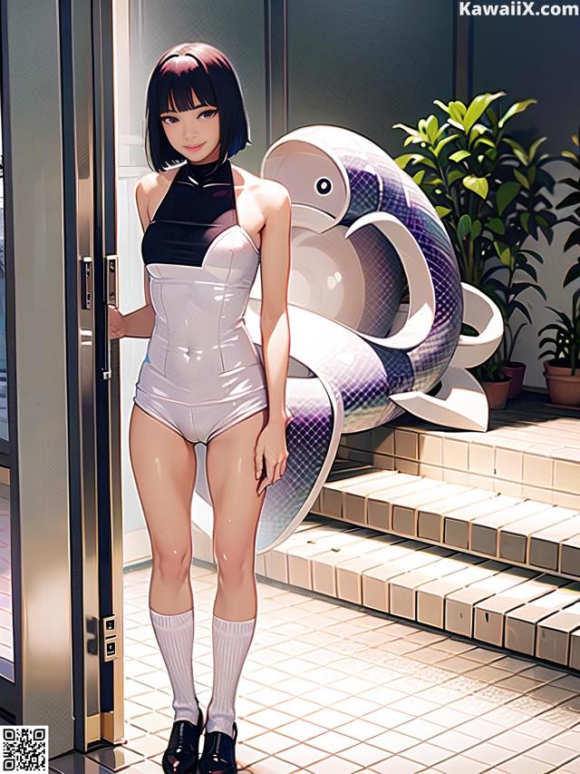 A woman in a bathing suit standing in front of a door.