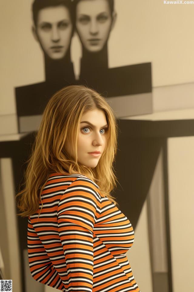 A woman standing in front of a black and white photo.