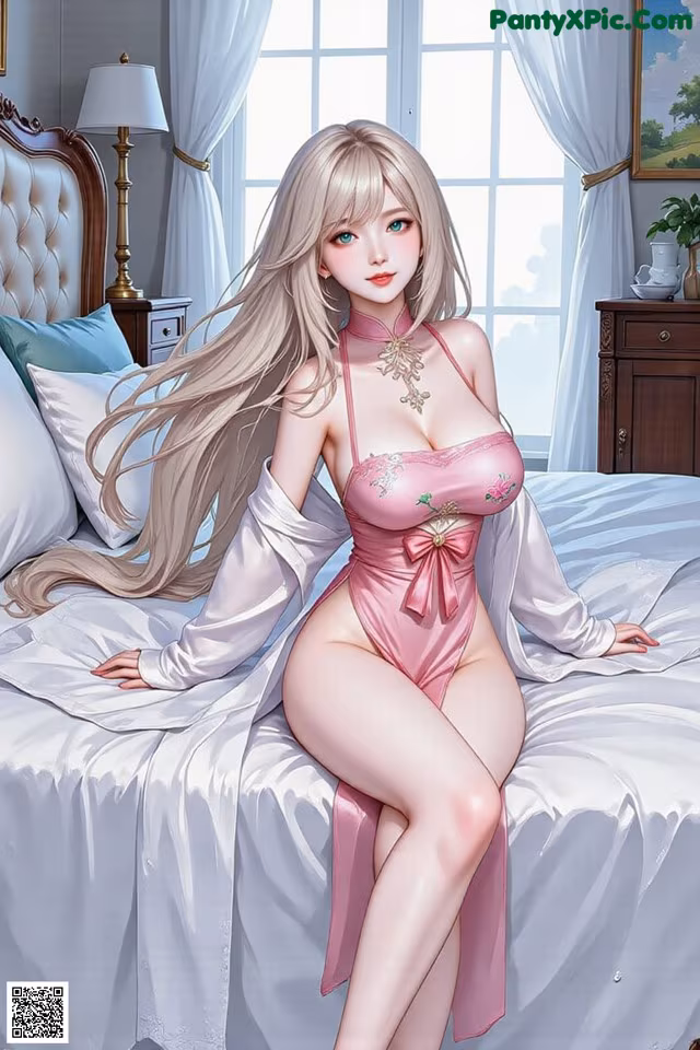 A woman in a pink lingerie sitting on a bed.