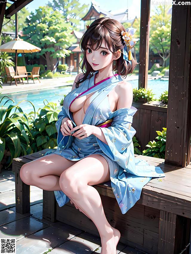 A woman in a blue kimono sitting on a wooden bench.