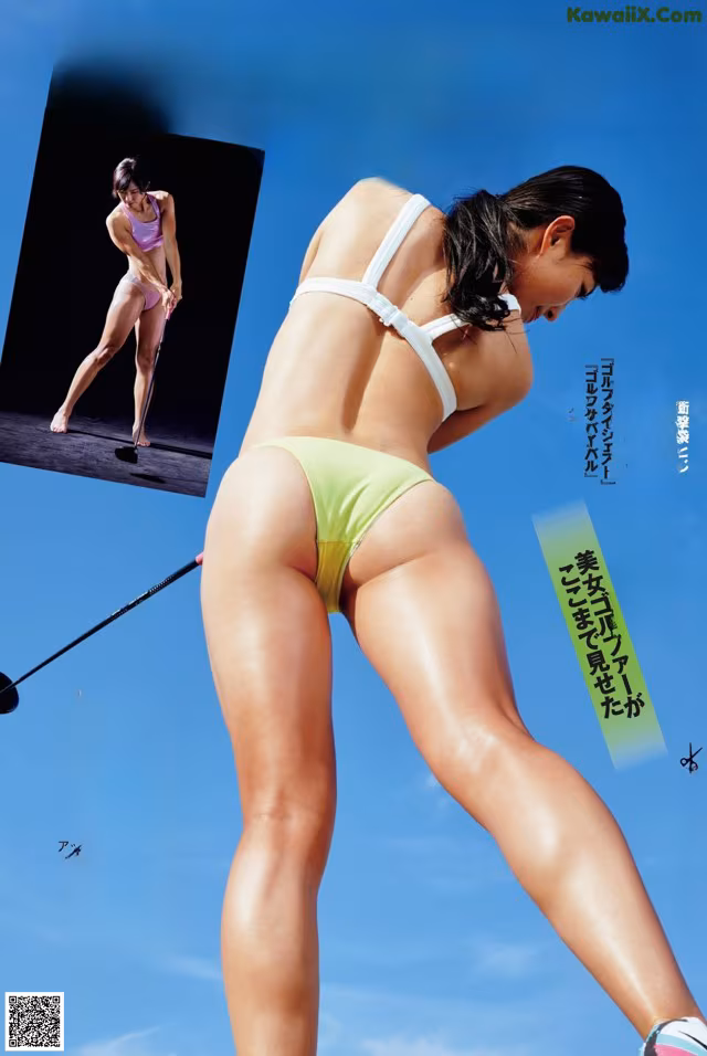 A woman in a bikini playing golf on a sunny day.